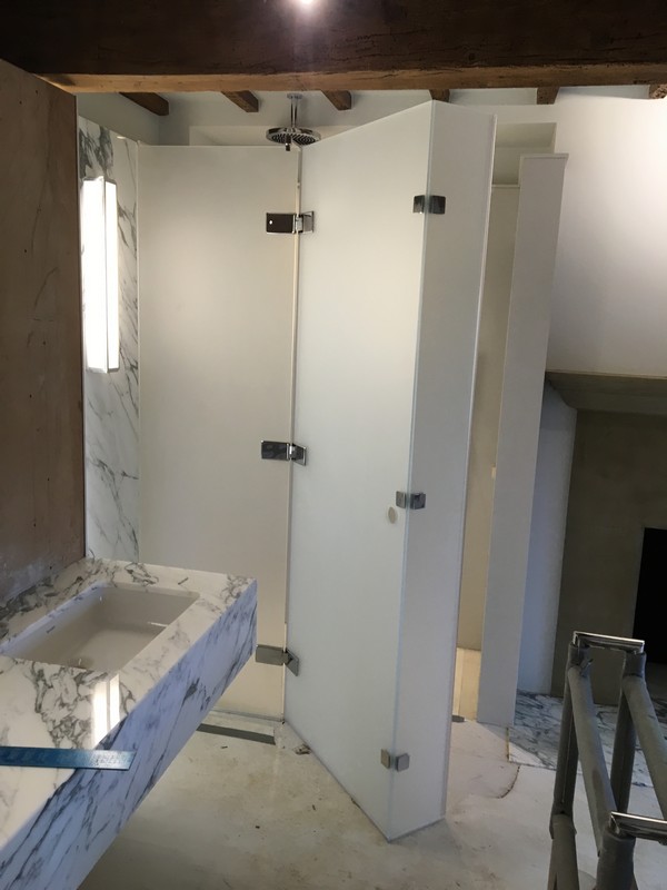 Bespoke frosted glass shower enclosure in Rotherhithe luxury bathroom